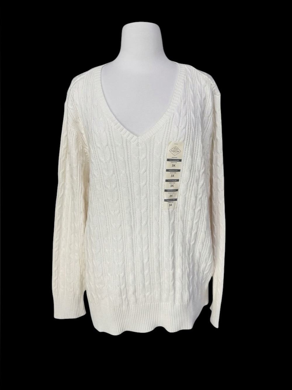 Deadstock Y2K St. John’s Bay 88% Cotton Ivory Cable-Knit‎ V-Neck Sweater